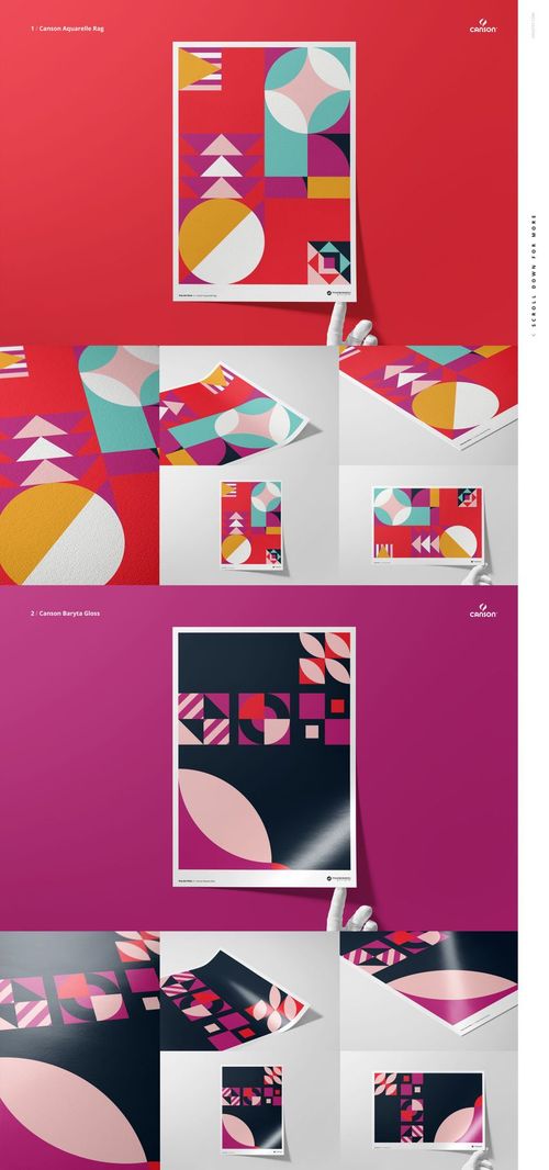 Colorful geometric art prints displayed on various backgrounds, featuring abstract shapes and vibrant hues in a mockup scene.
