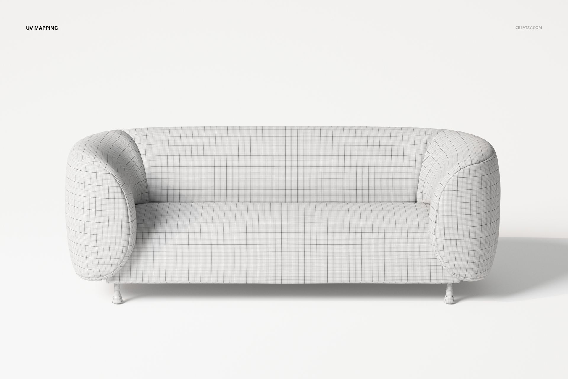 Modern oval-shaped sofa with a grid pattern, shown from the front on a white background, 3D furniture model.