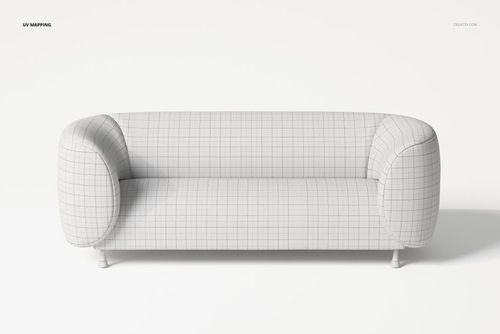 Modern oval-shaped sofa with a grid pattern, shown from the front on a white background, 3D furniture model.