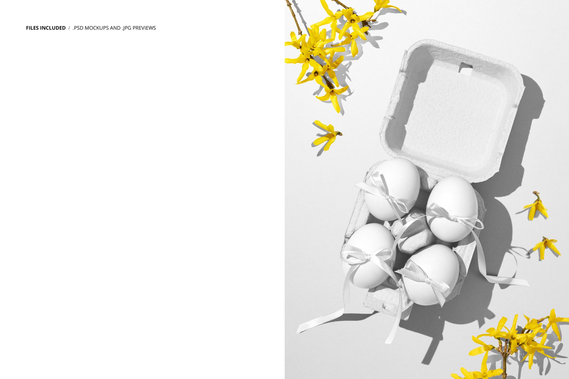 Open cardboard box containing four white Easter eggs with ribbons, displayed next to scattered yellow blossoms in a PSD mockup.
