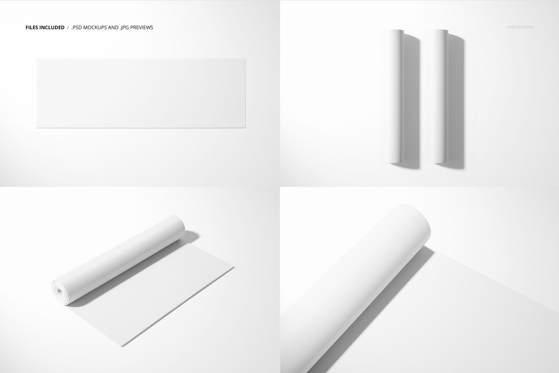 Exercise mat mockup set featuring four views of a plain white mat, including rolled and flat positions on a white background.