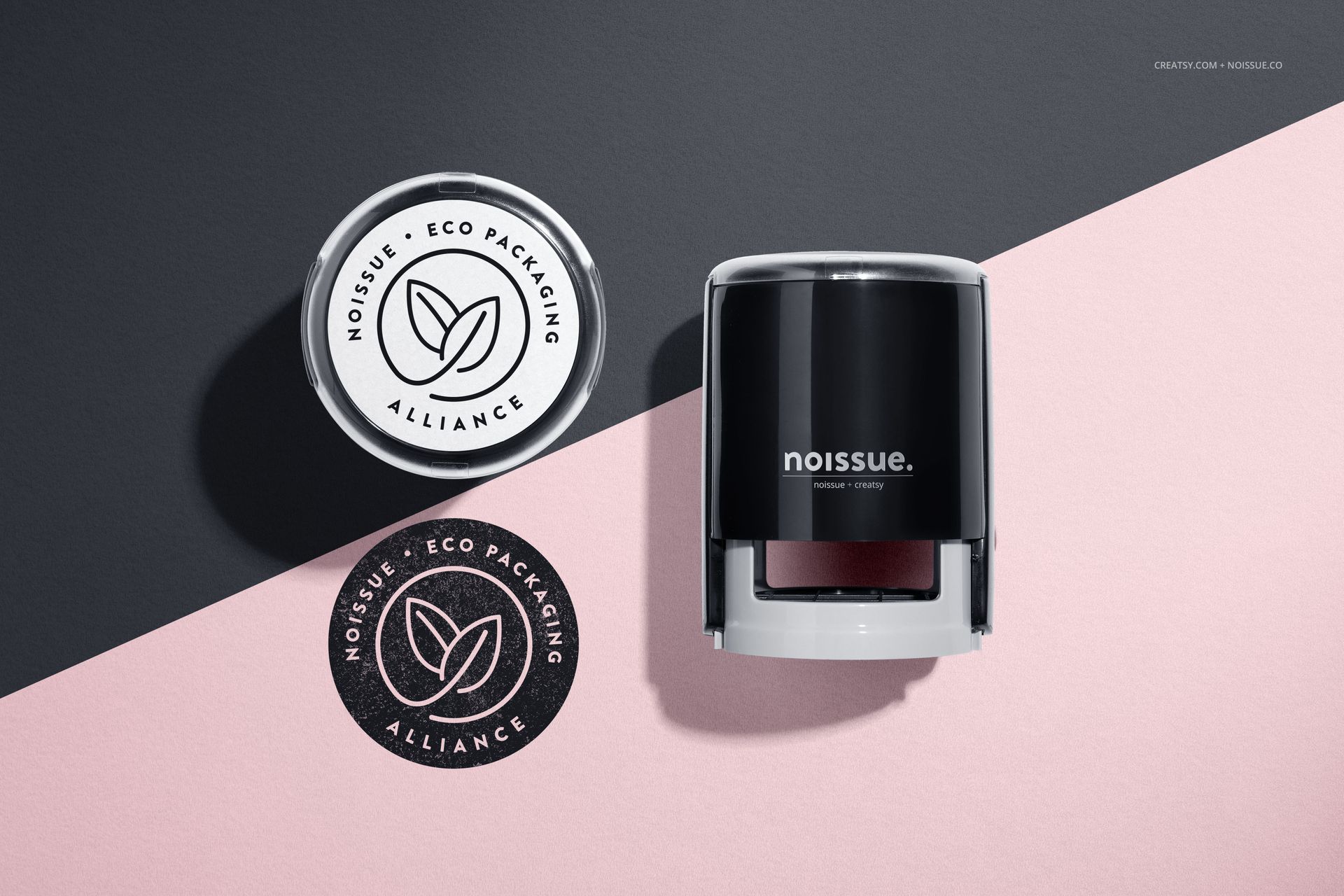 Self-inking stamp mockup set with a round black and white stamp impression on a two-tone background, top view.