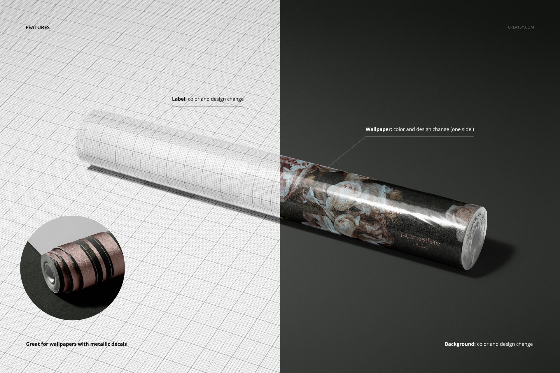 Rolled non-woven vinyl wallpaper mockup displayed on a split background, featuring grid and floral patterns.