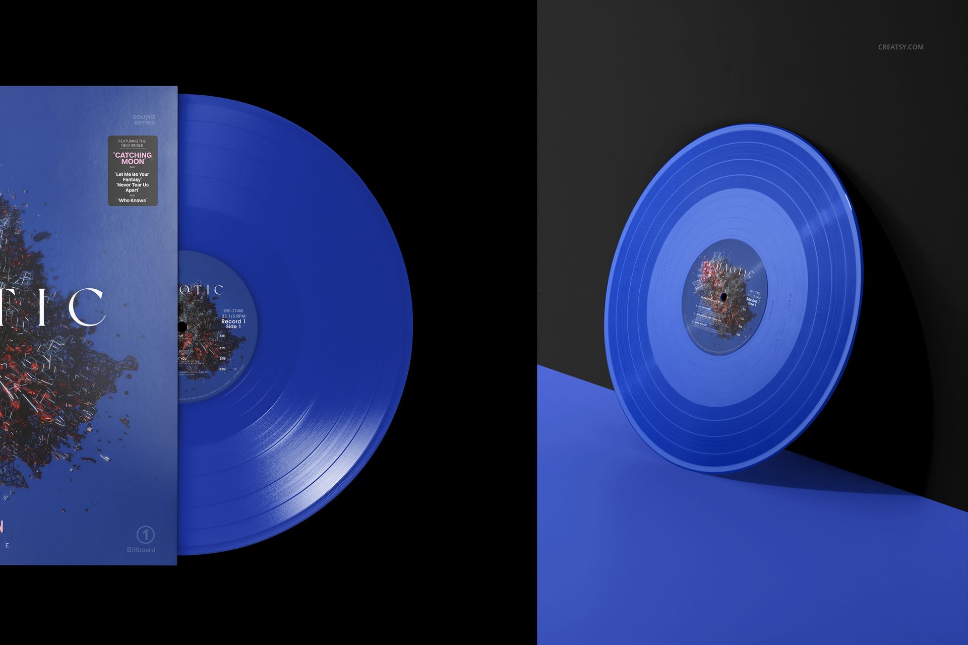 Colored vinyl record mockup featuring a vibrant blue disc, shown both partially sleeved and standing upright on a blue floor.