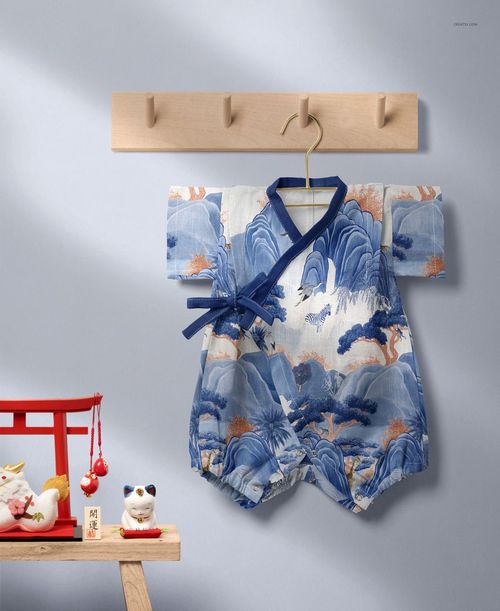Front view of a Japanese baby romper mockup featuring blue mountain and tree print, displayed on a wall hook with small ornaments.