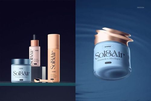 Front view of modern cosmetics packaging mockup featuring jars, bottles, and a dropper in soft pastel colors.