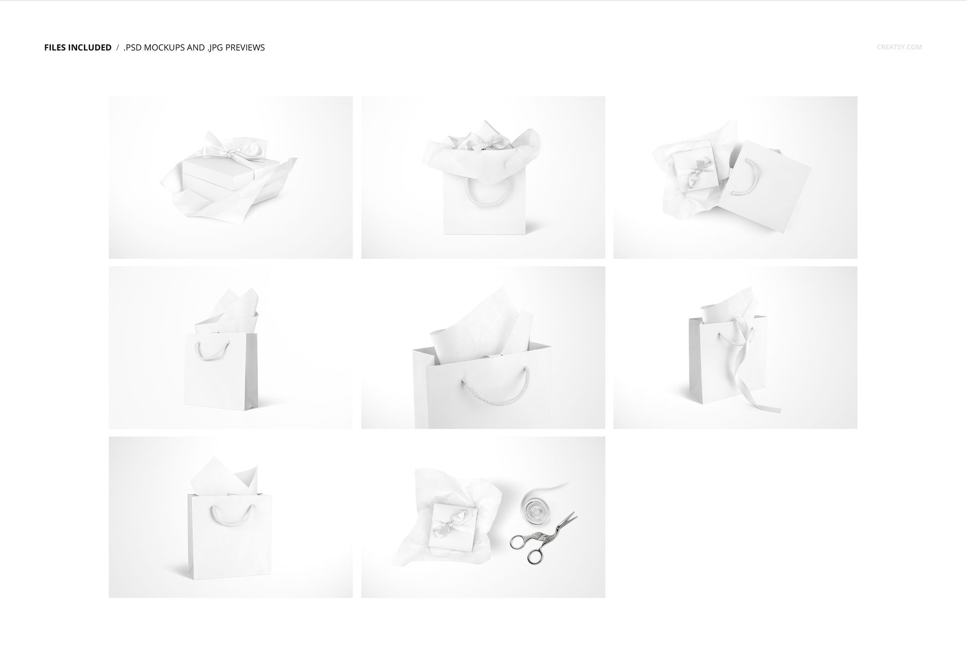 Jewelry box and bag mockup set featuring white packaging and tissue paper, arranged in a minimalist scene.