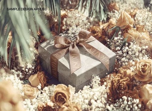 PSD mockup of a square gift box nestled among red roses and foliage, featuring a decorative ribbon, top perspective.
