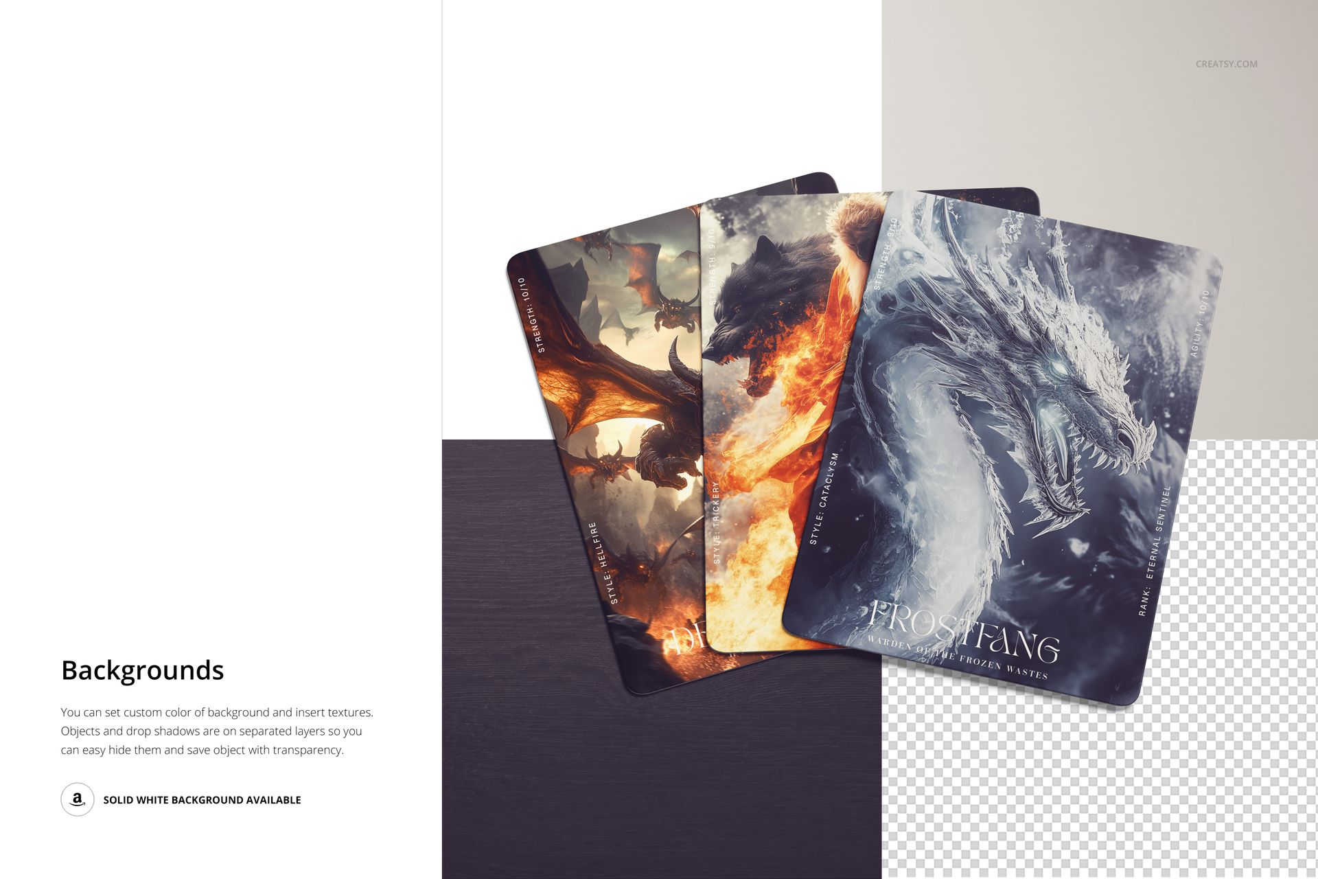 Fantasy-themed trading cards with detailed dragon artwork shown side by side on a PSD mockup background.