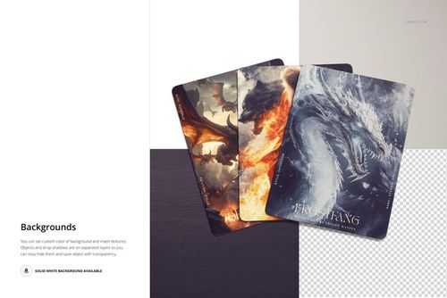 Fantasy-themed trading cards with detailed dragon artwork shown side by side on a PSD mockup background.