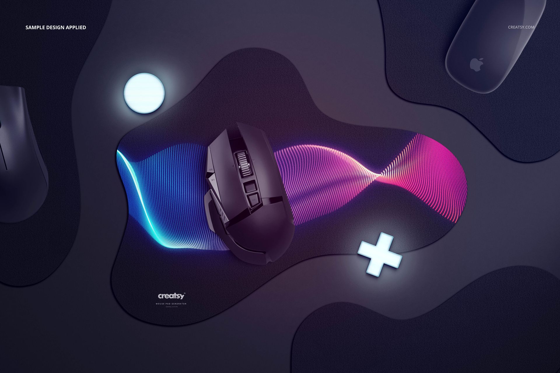 Top view of a uniquely shaped mouse pad mockup featuring a vibrant gradient wave pattern and gaming accessories.