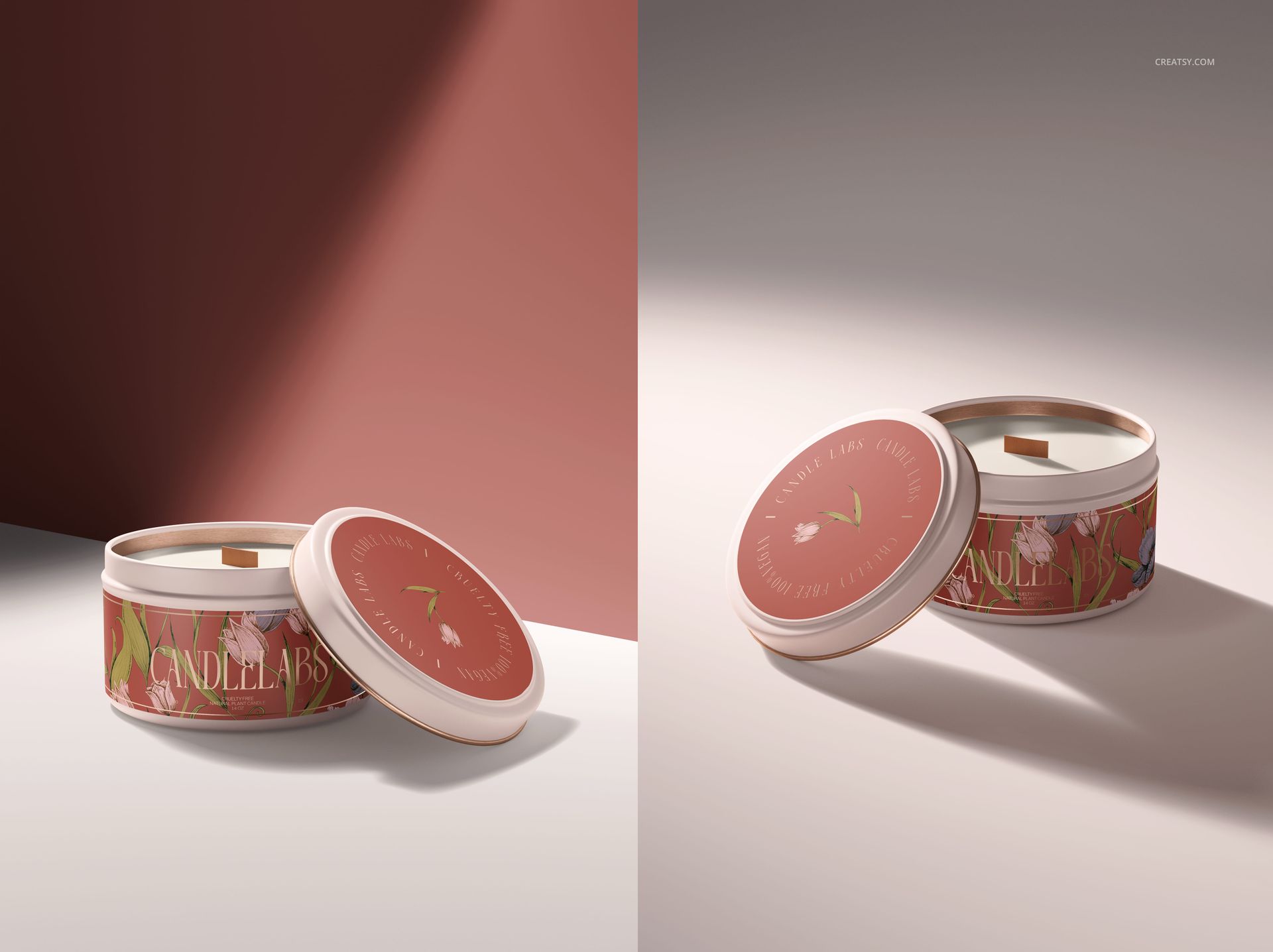 Mockup of a 4 oz. candle tin with satin finish and wooden wick, decorated with colorful botanical design, lid placed aside.