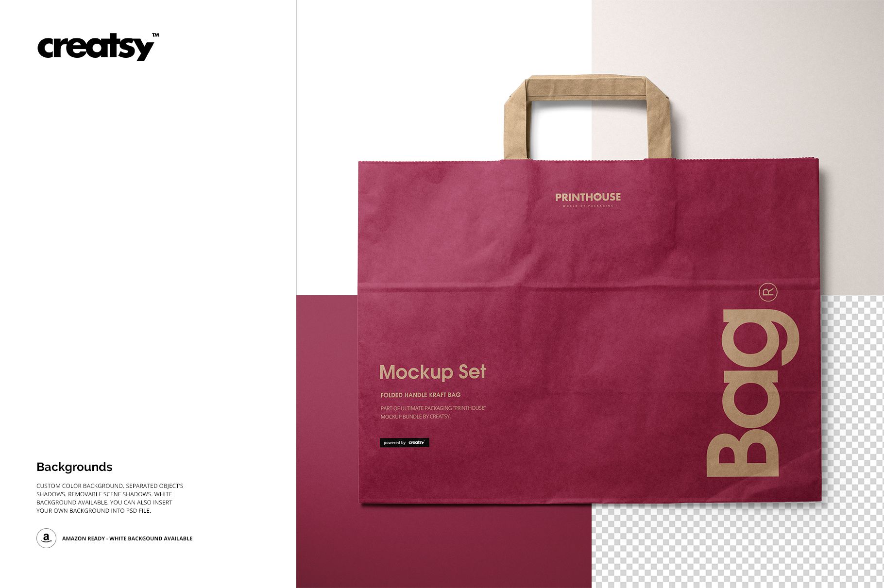Front view of a kraft paper bag with folded handles, shown in a burgundy color on a layered mockup background.