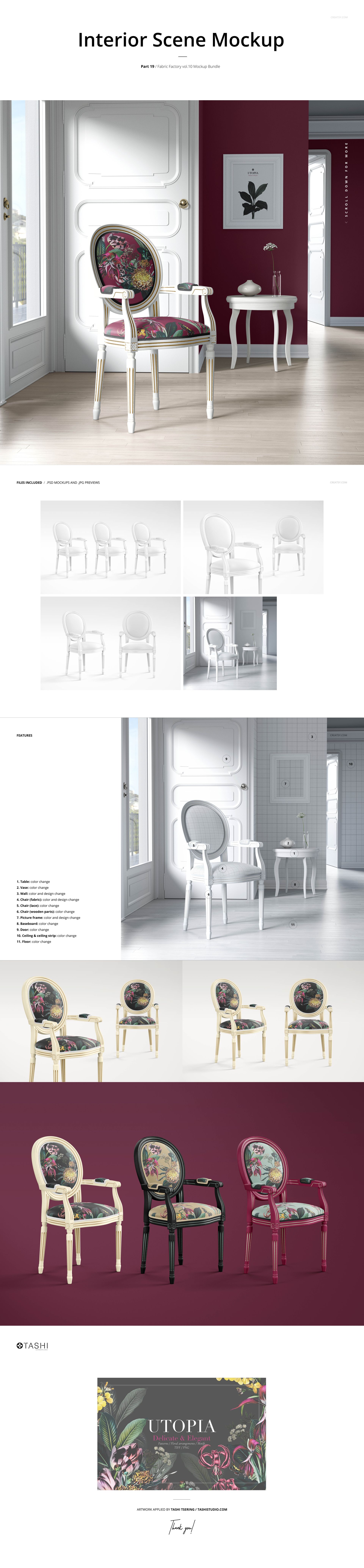 Elegant interior scene featuring classic chairs with floral upholstery, white side table, and maroon walls in a PSD mockup.