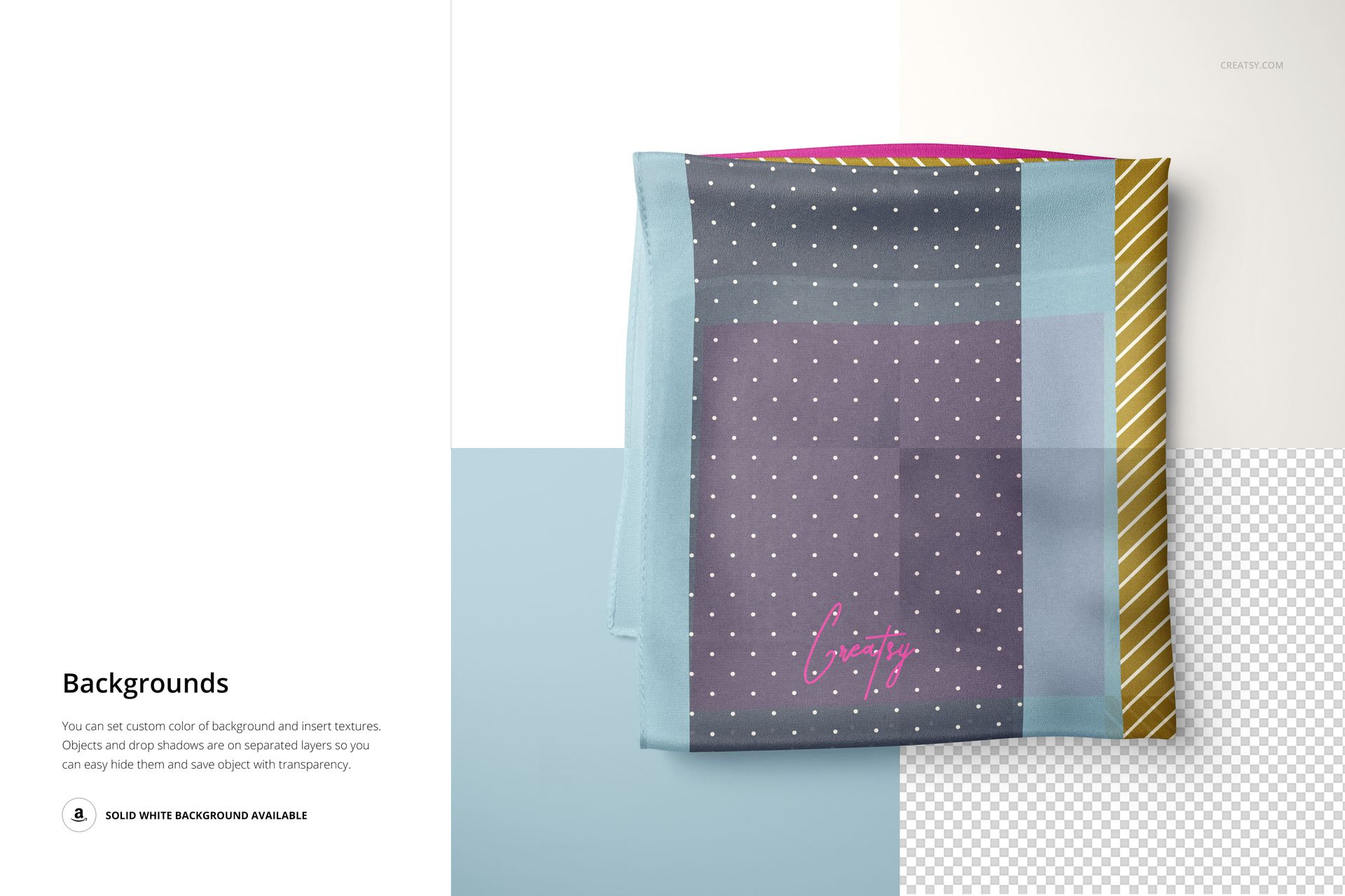 Folded silk scarf mockup featuring a square fabric with polka dot pattern, pastel color blocks, and striped border, top view.