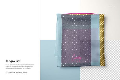 Folded silk scarf mockup featuring a square fabric with polka dot pattern, pastel color blocks, and striped border, top view.