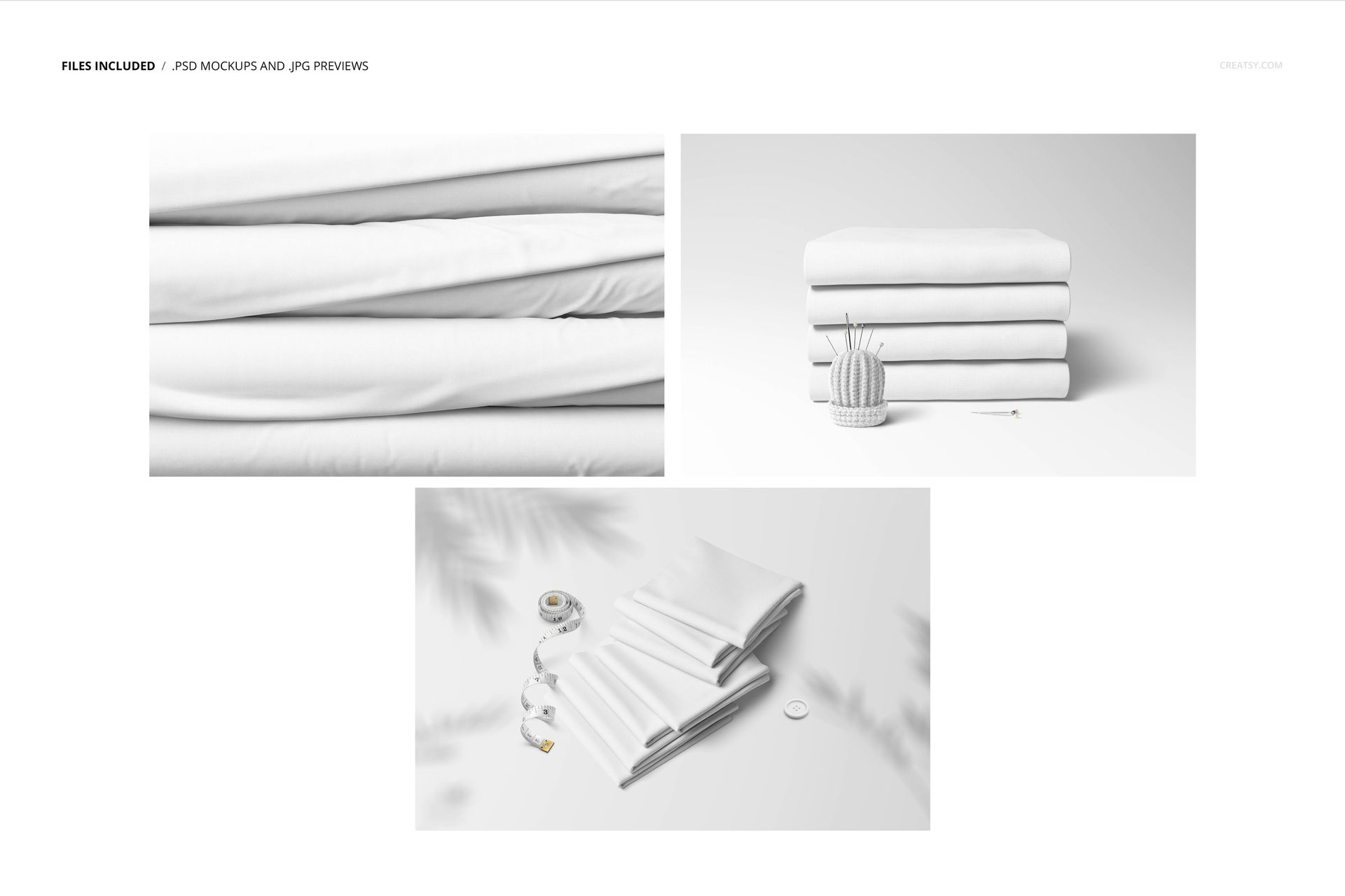 Fabric stack mockup showing neatly folded white textiles from different perspectives, with sewing props nearby.