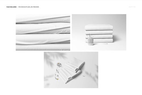 Fabric stack mockup showing neatly folded white textiles from different perspectives, with sewing props nearby.