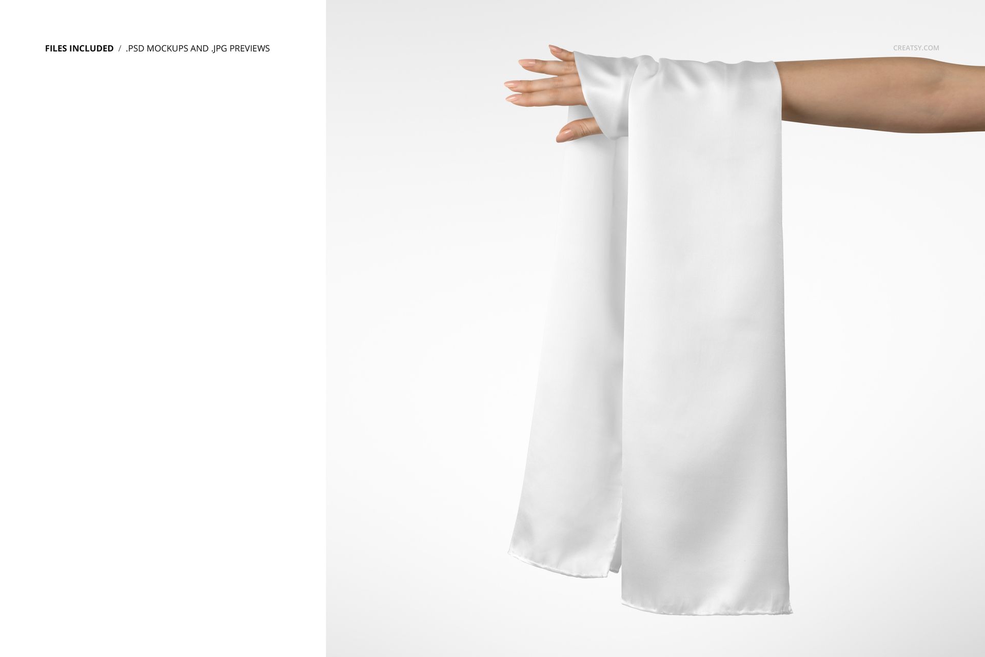 White silk scarf draped over an outstretched hand against a plain white background, front view mockup.