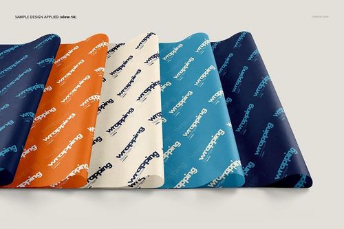 Five sheets of wrapping tissue paper mockup with repeating text pattern, shown in orange, white, blue, and navy colors.