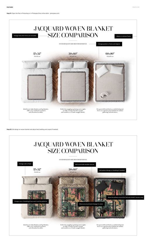 Size comparison of jacquard woven blankets on beds, featuring retro patterns and overhead perspective in a mockup.