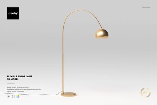 Flexible floor lamp with a curved stand and dome-shaped shade in matte gold, shown from a front view on a light background.