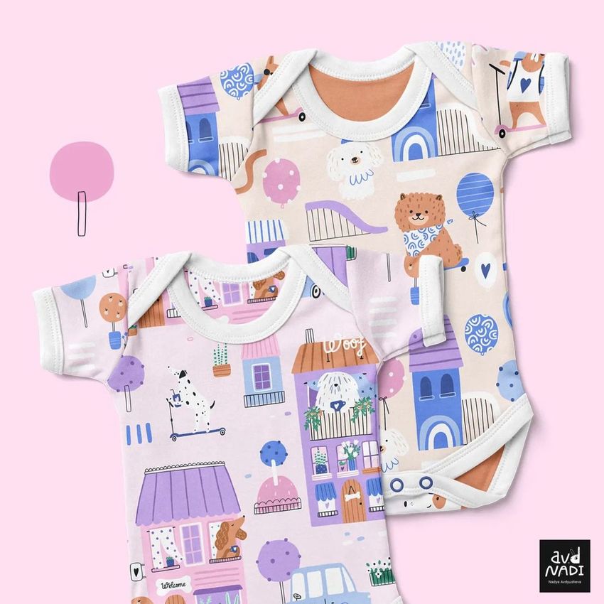 Two baby short sleeve bodysuits mockup with playful animal and house illustrations in pastel colors on a pink background.