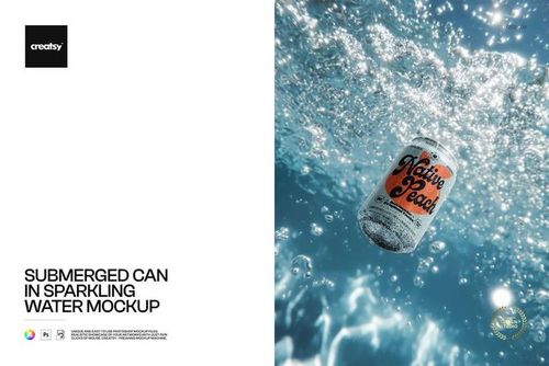 Aluminum drink can with orange and black label submerged in clear sparkling water, viewed underwater in a mockup scene.