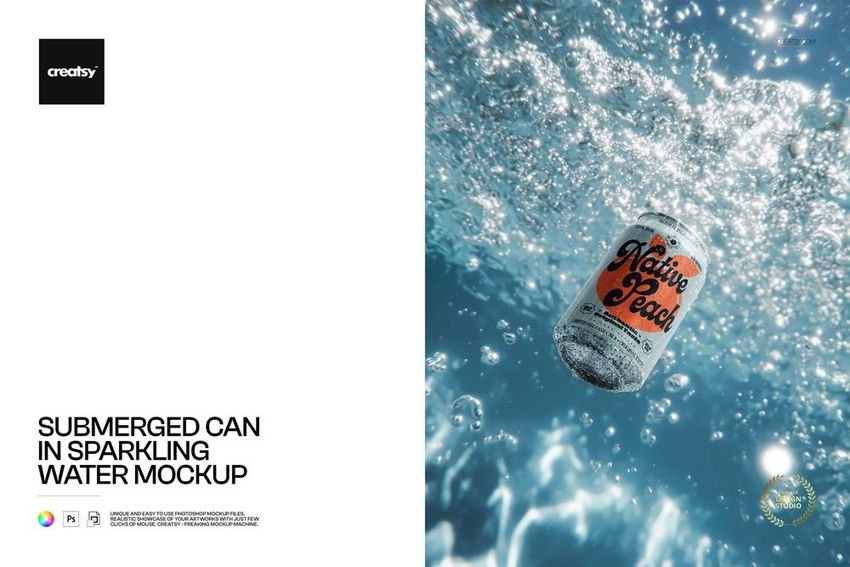 Aluminum drink can with orange and black label submerged in clear sparkling water, viewed underwater in a mockup scene.