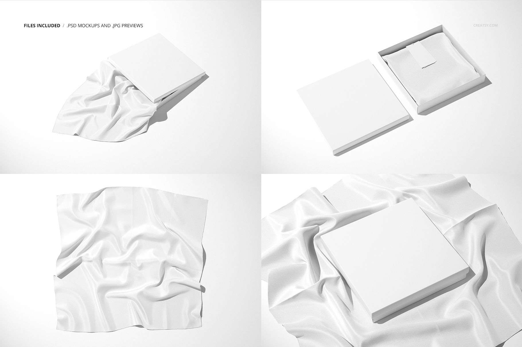 Silk scarf box mockup set featuring a white square box and draped silk fabric, shown from multiple angles.