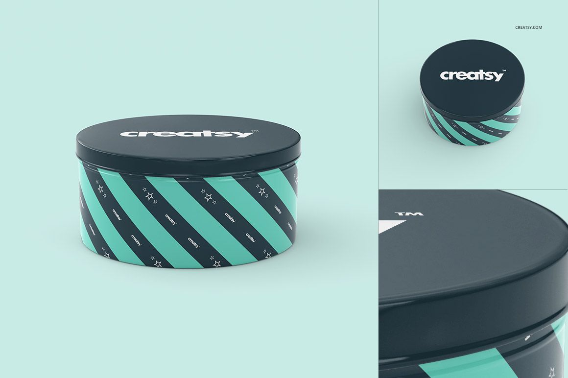 Metal box mockup featuring a circular shape, dark lid, and teal stripes with small white accents, displayed on a pale surface.