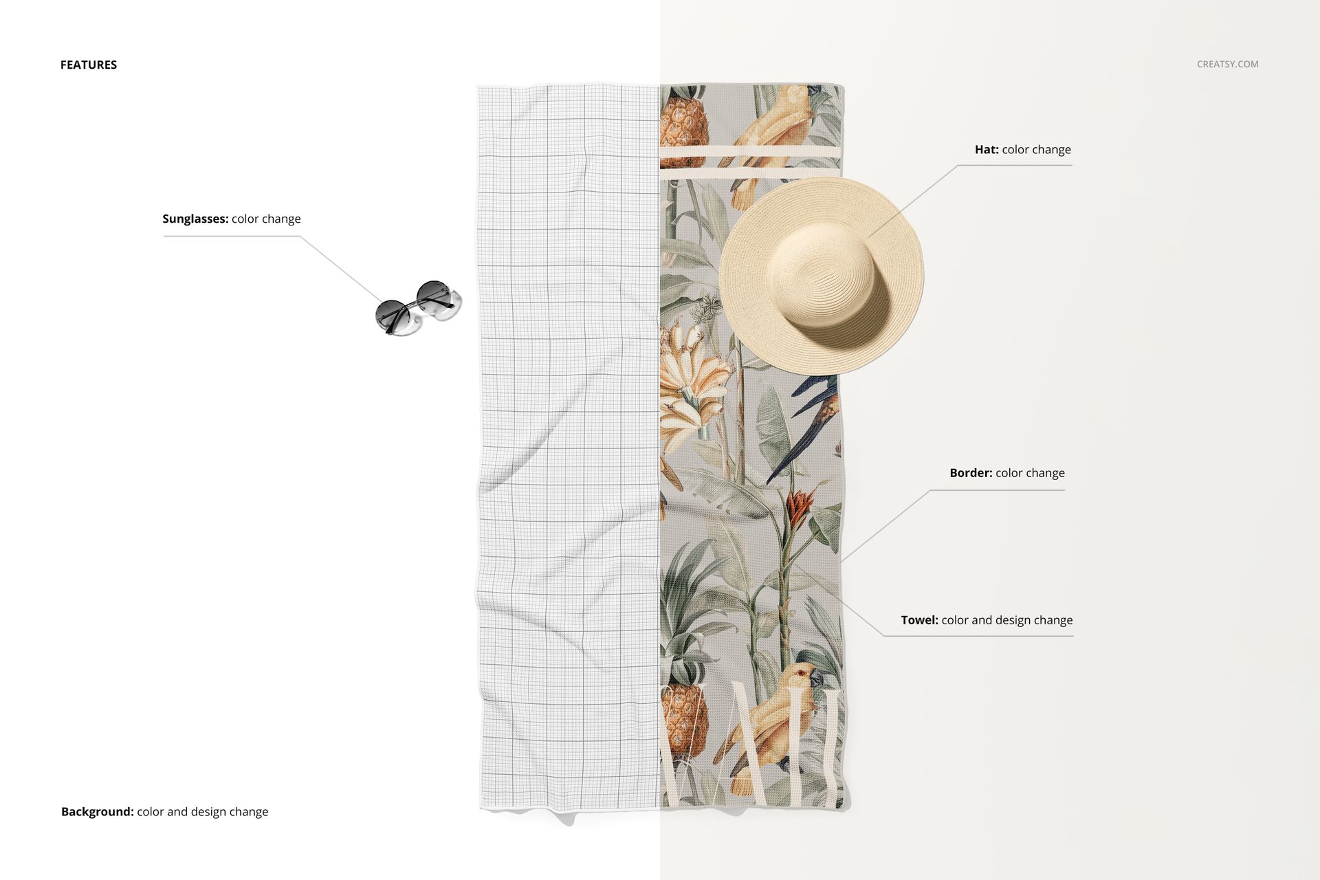 Waffle beach towel mockup shown from top view, featuring tropical pattern and straw hat on a split background.