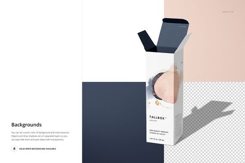 Tall rectangular packaging box mockup with abstract design, shown in front view on a split color background.