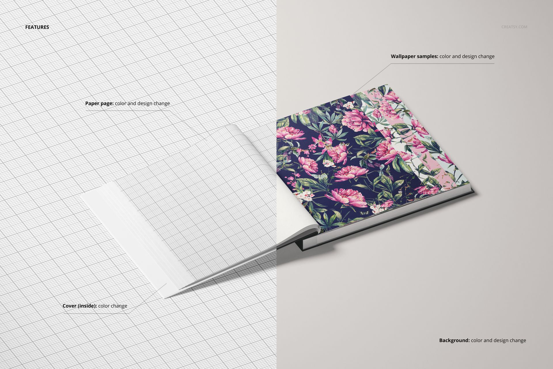 Open wallpaper sample book mockup showing a floral patterned page, with grid paper and plain cover on a light surface.