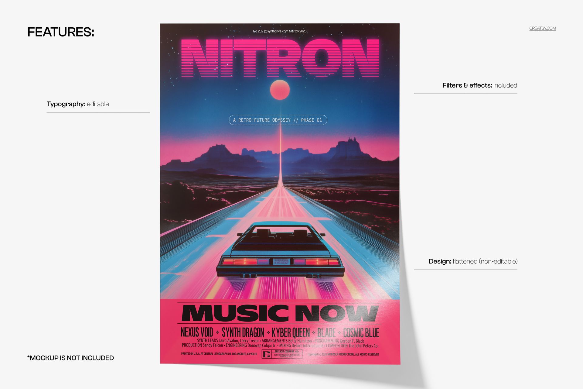 Poster mockup showing a retro car on a futuristic road under a neon sky, bold typography and gradient effects.