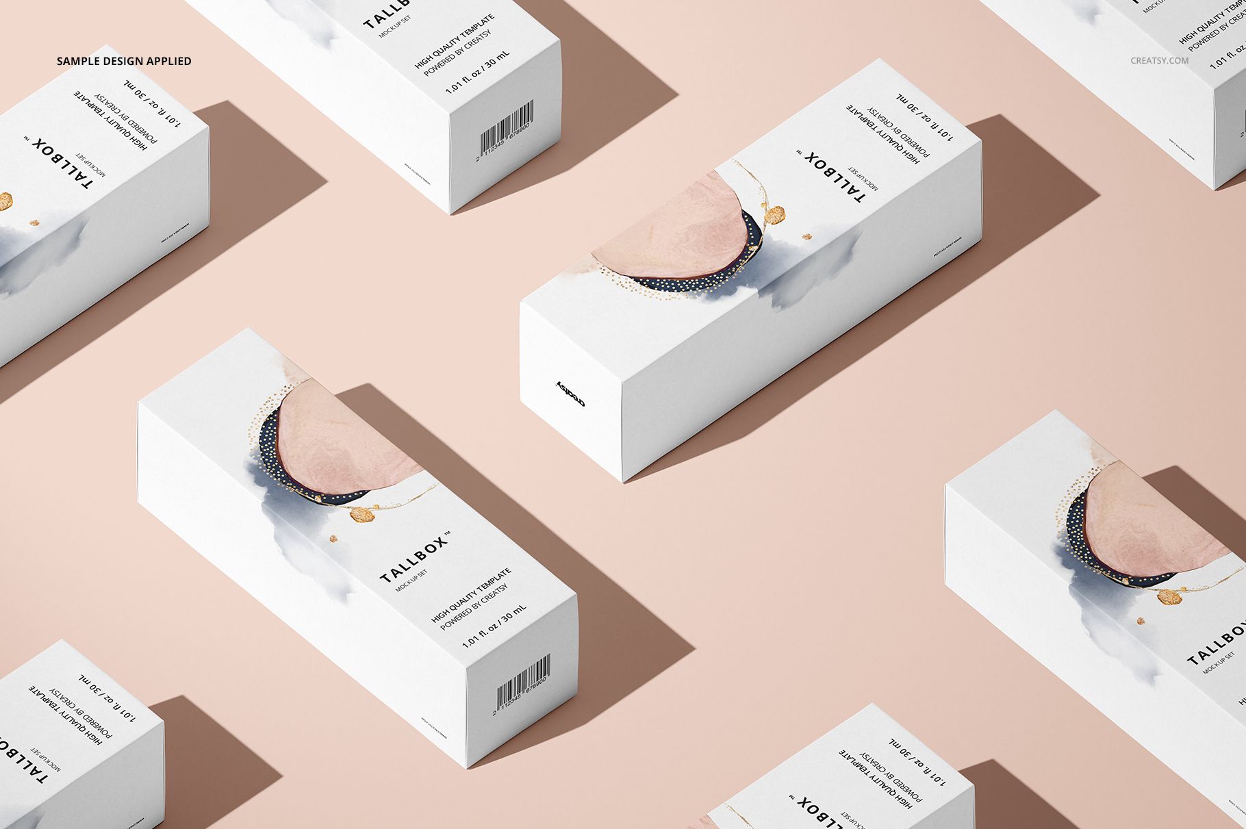 Multiple tall box mockups featuring minimalist abstract artwork, viewed from above on a soft beige background.
