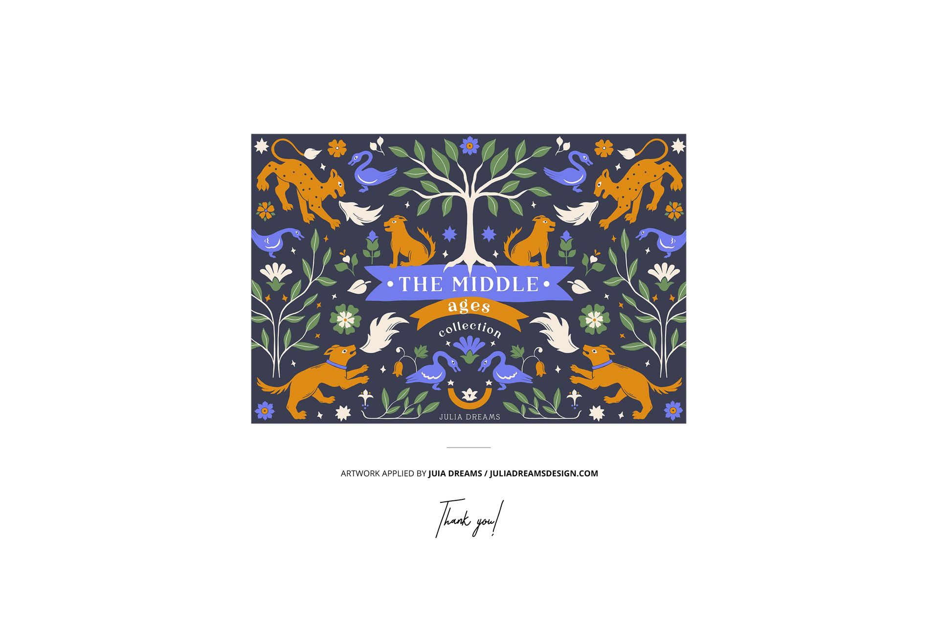 Rectangular fabric stack mockup featuring a medieval-inspired pattern with animals, flowers, and a central tree on moss.