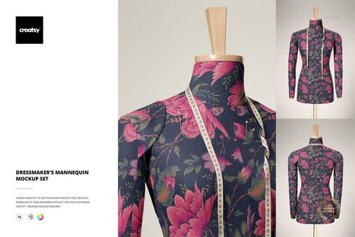 PSD mockup featuring a tailor’s mannequin dressed in patterned fabric with vivid floral design, displayed from multiple angles.