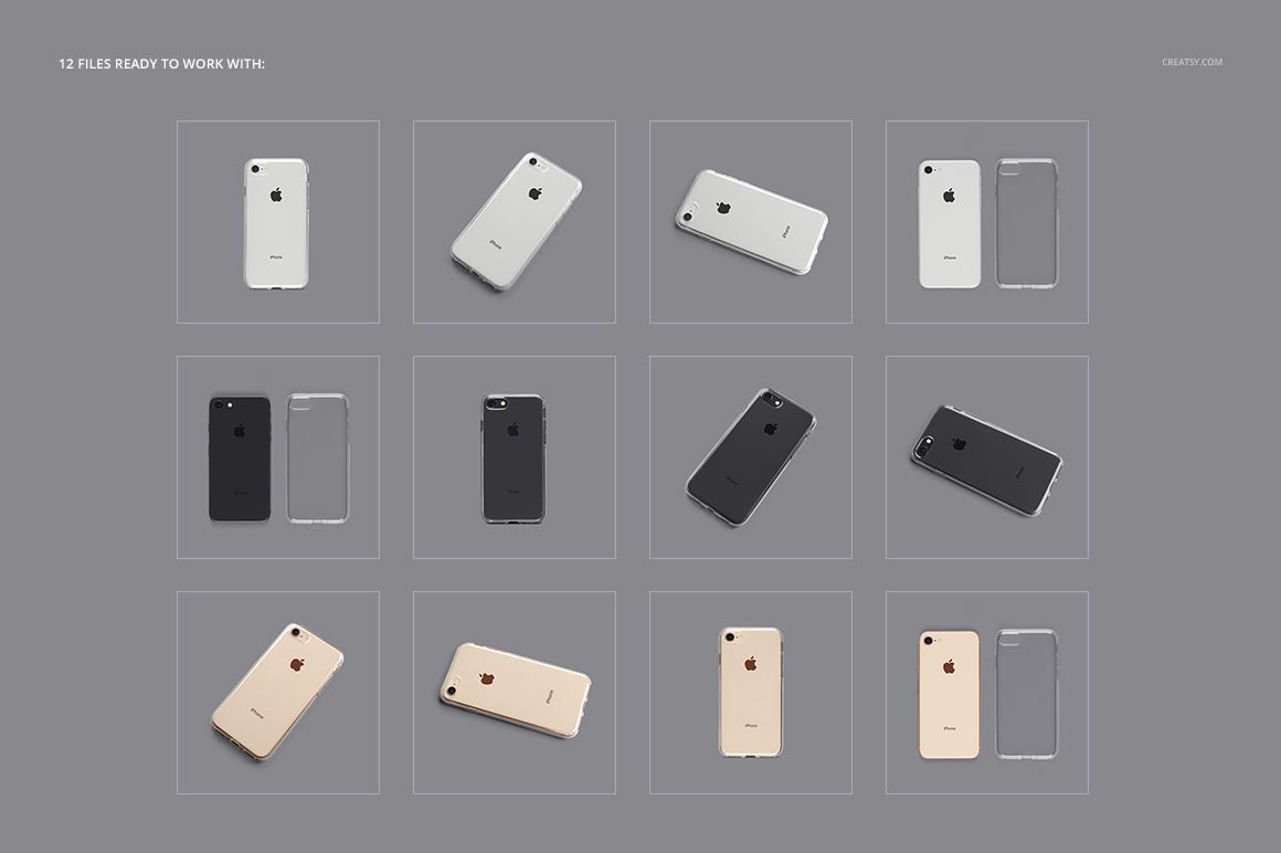 Set of mockup images featuring iPhone 8 clear cases and devices in multiple colors, viewed from front and back.