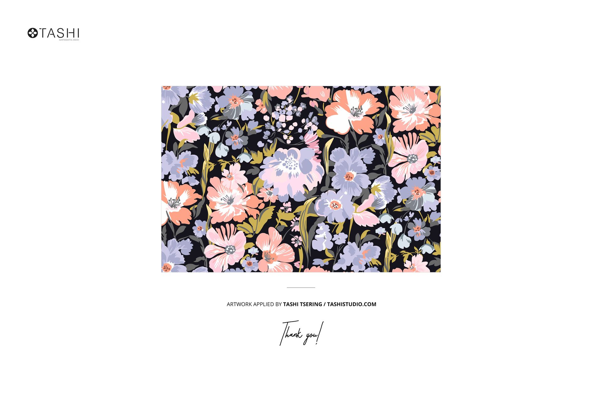 Floral patterned jersey fabric mockup with pink, blue, and purple flowers on a dark background, front perspective.