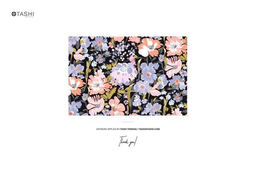 Floral patterned jersey fabric mockup with pink, blue, and purple flowers on a dark background, front perspective.