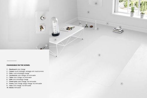 Minimalist room with a rectangular carpet mockup, white walls, large window, and modern coffee table with decor.