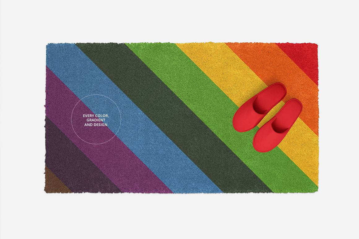 Colorful striped rug mockup with bold diagonal lines and red slippers placed on the right, viewed from above.