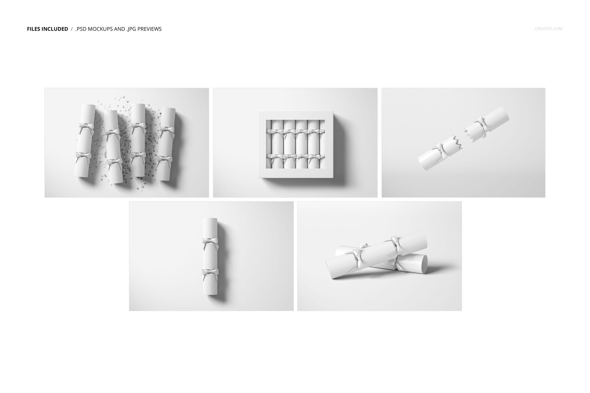 Set of five Christmas cracker mockup views in white, including boxed and loose crackers with confetti on a plain background.