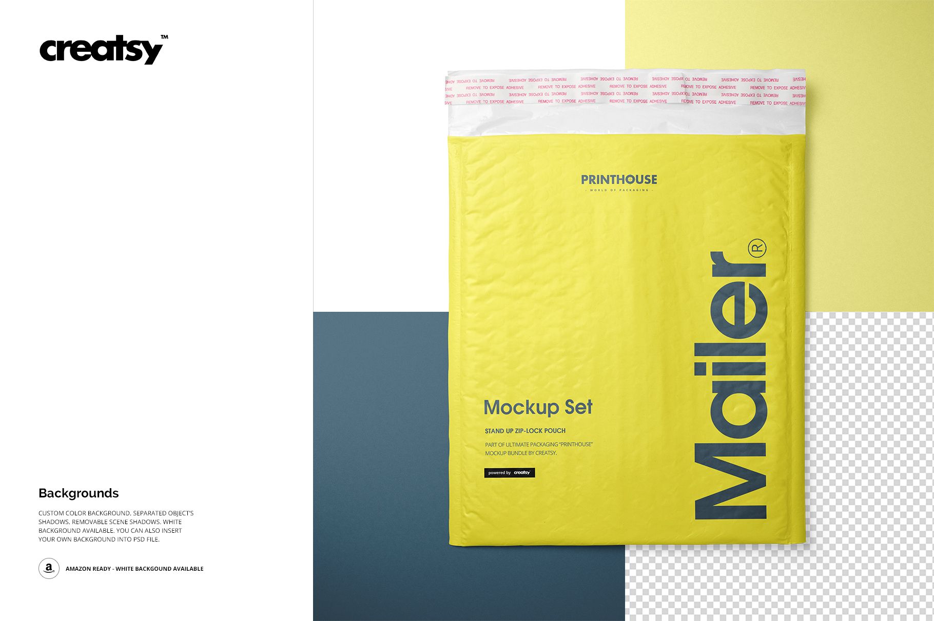 Yellow bubble mailer mockup shown flat against blue, white, and yellow background sections with visible texture.