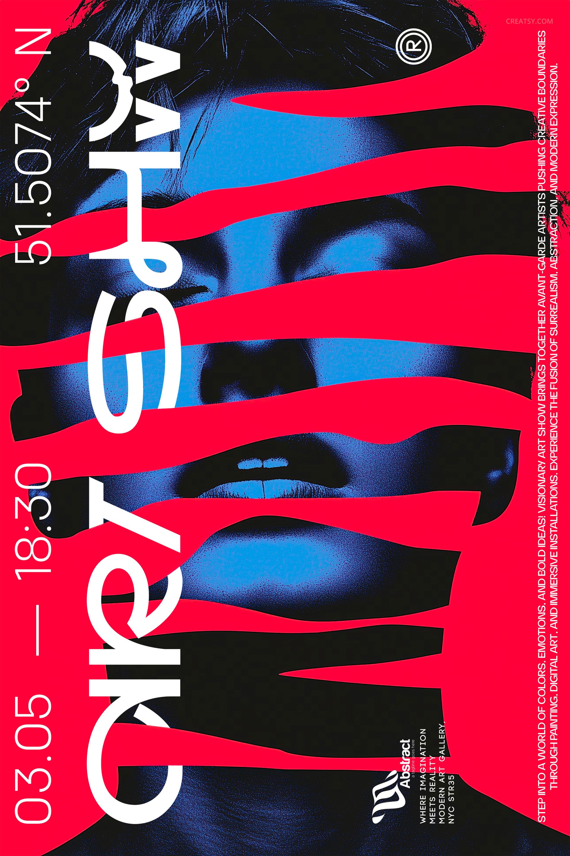 Front view of a PSD mockup poster featuring vivid red brush strokes over a monochrome portrait and white text.