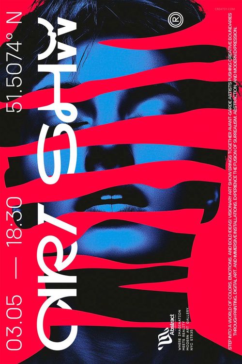 Front view of a PSD mockup poster featuring vivid red brush strokes over a monochrome portrait and white text.