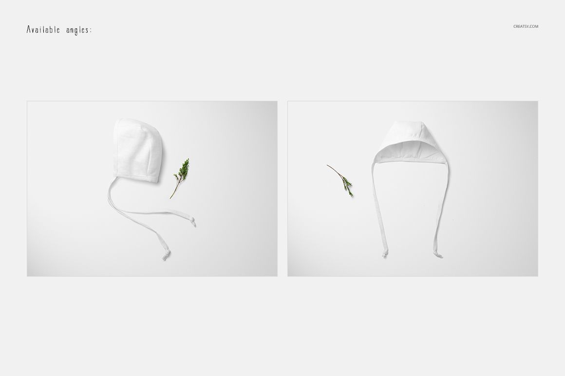 Baby bonnet mockup set shown in top and front views, featuring a plain white fabric and a botanical accent.