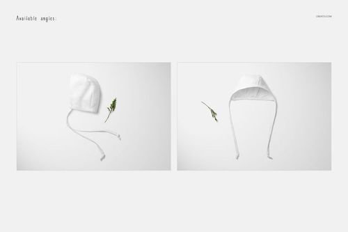 Baby bonnet mockup set shown in top and front views, featuring a plain white fabric and a botanical accent.