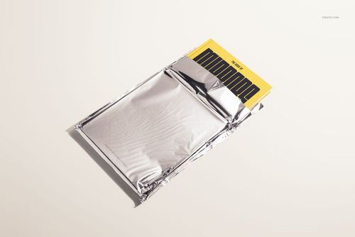 Yellow hardcover book mockup set in metallic foil packaging, shown from a diagonal top view on a neutral surface.